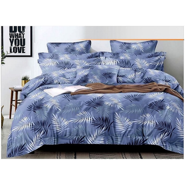Set lenjerie pentru 2 persoane, 4 piese, 200x220, bumbac satinat 100%, imprimeu floral, culoare albastru cu model A-4993