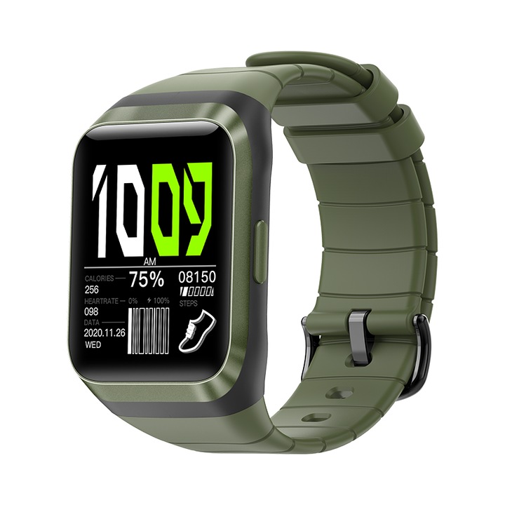 Ceas smartwatch barbati TechONE® SD2 Explorer, 1.7 inch IPS HD, GPS, multi sport, ritm cardiac inteligent, oxigen optic, rezistent la apa IP68, notificari, vibratii, verde