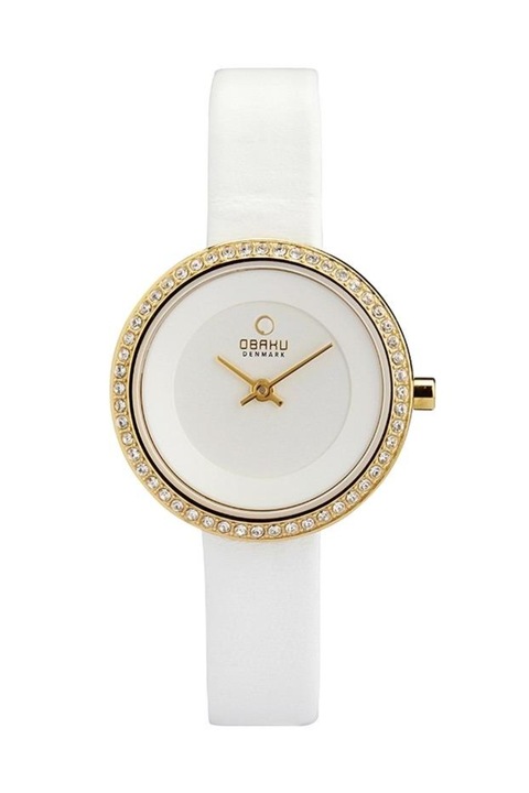 Ceas de dama, Obaku, V146LEGIRW, Otel inoxidabil/Piele naturala, Pietre zirconiu, Alb/Auriu