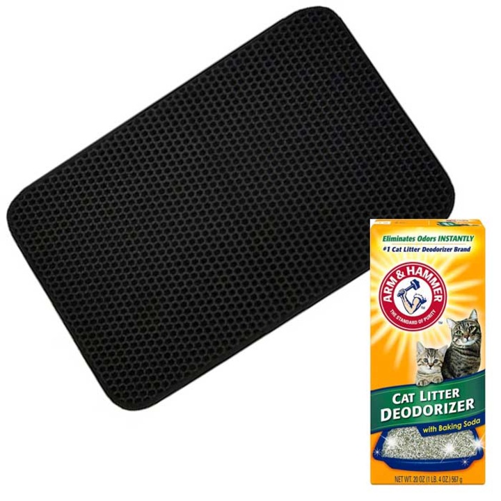 Set igiena litiera pisica 2 piese, Odorizant pentru litiera pisici ARM & HAMMER si Covor litiera pisici pentru colectarea granulelor de nisip HM, negru, 60x40 cm