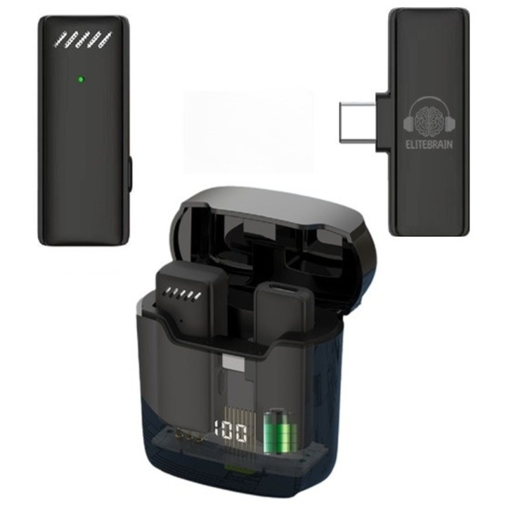 Microfon Lavaliera, Type C, ELITEBRAIN, Carcasa Magnetica Protectie si Incarcarcare cu Afisaj Digital, Android si Iphone 14+