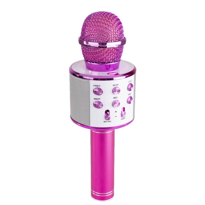 OEM Gyermek karaoke mikrofon, vezeték nélküli, akkumulátorral, iOS és Android WS-858 kompatibilis, hangváltó funkció, rózsaszín