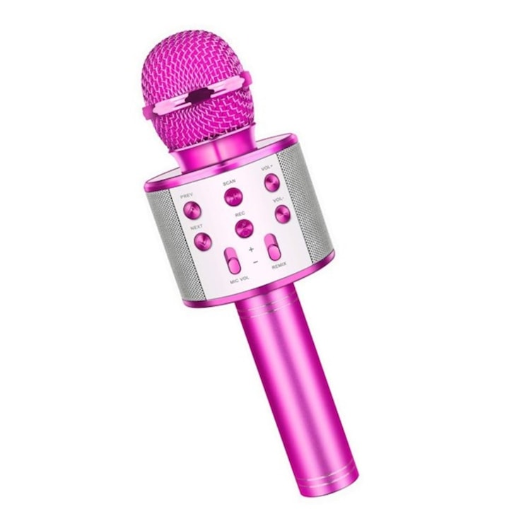Microfon karaoke copii, wireless, cu acumulator, compatibil cu iOS si Android WS-858, functie de schimbare a vocii, roz