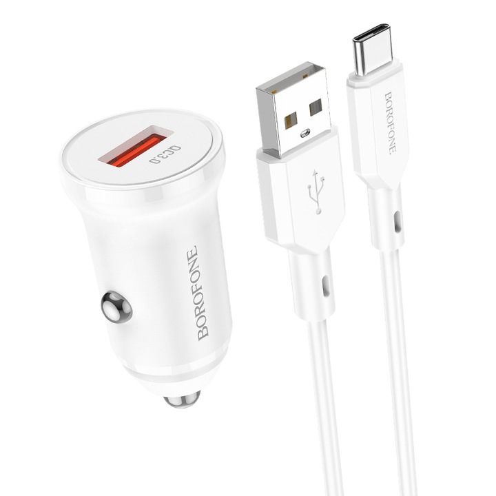 Borofone BZ18 autós töltő, 1 USB port, 18 W, Type-C kábel mellékelve, fehér