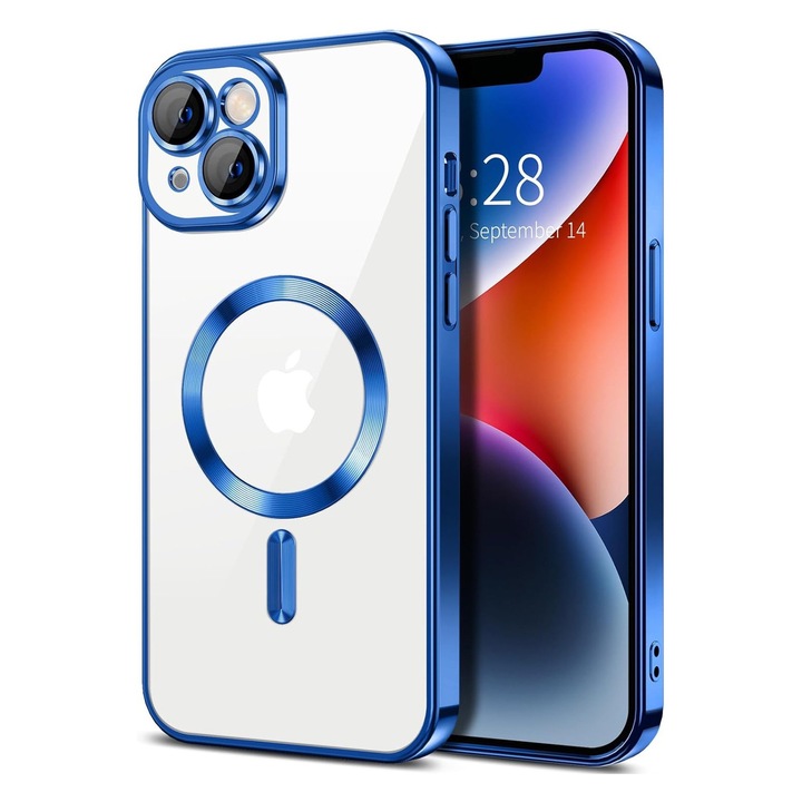Husa Luxury tip MagSafe compatibila cu iPhone 13, Full protection, Margini colorate, Albastru inchis