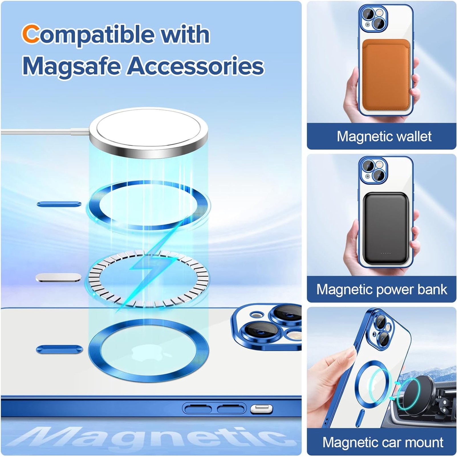 Husa Luxury tip MagSafe compatibila cu iPhone 13, Full protection, Margini colorate, Albastru inchis