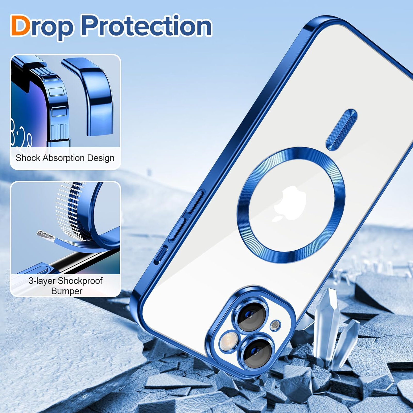 Husa Luxury tip MagSafe compatibila cu iPhone 13, Full protection, Margini colorate, Albastru inchis