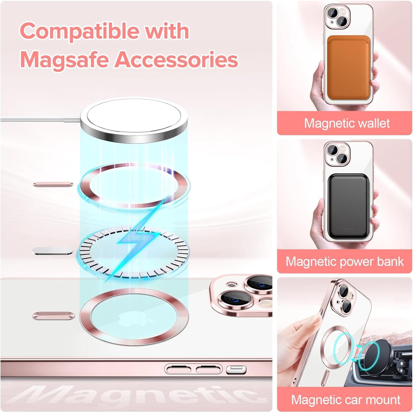 Husa Luxury tip MagSafe compatibila cu iPhone 13, Full protection, Margini colorate, Rose Gold