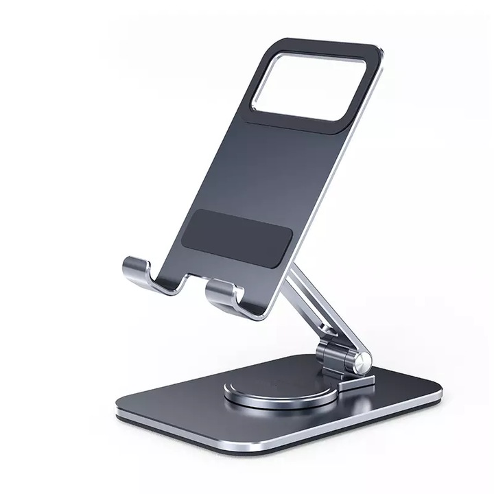 Stand/Suport Aluminium MTP pentru Telefon/Tableta, Baza rotativa 360 grade, Pliabil, Unghi de inclinare reglabil, Space gray