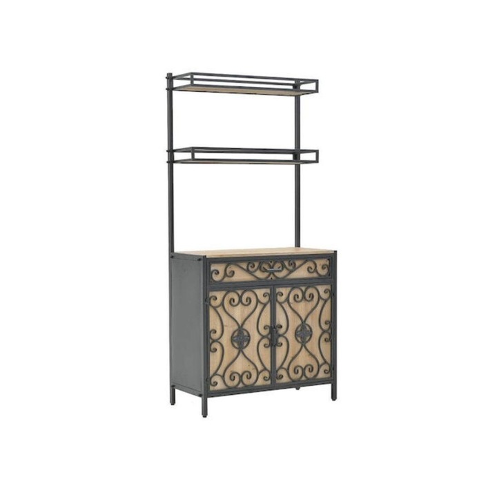 Fém polc fával, fekete-natúr, 84x40x180 cm, Inart