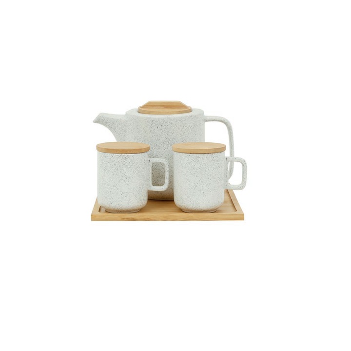 Set ceainic cu doua cani Eliska Blanc, ceramica portelanata, 1400 ml, Jardin d' Ulysse