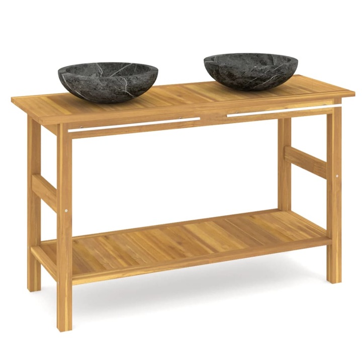 Шкаф за баня vidaXL, с черни мраморни мивки, Тиково дърво масив, 132 x 45 x 75 см