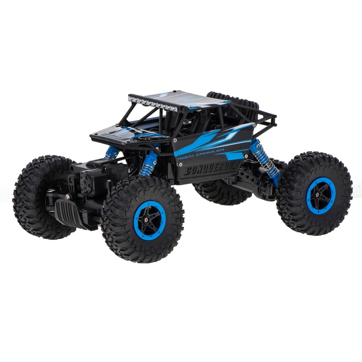Masinuta cu Telecomanda Rock Crawler 1:18 4WD, WTO®, frecventa 2.4 GHz, acumulator de 4, 8V 700 mAh inclus, 28 x15 x16 cm, Albastru/Negru