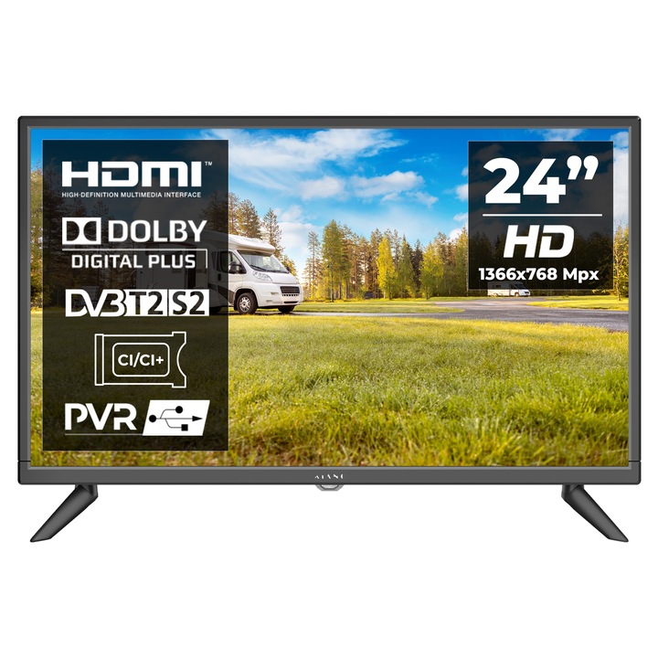 Kiano Slim TV Travel Televizor 24" inch | LED HD TV 1366 x 768 |60 cm | Incarcator auto | HDMI USB | Dolby Audio | Tuner Triplu DVB-T2 - Cel mai bun pentru camioane si rulote