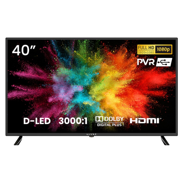 Televizor Kiano Slim 40" DLED HD 1920x1080 Mpx | 100cm | PVR – USB, 3xHDMI, Dolby Audio, Dolby Digital Plus, EPG | CLASA E | DVB-S/S2, ATV/DVB-C/T/T2 |