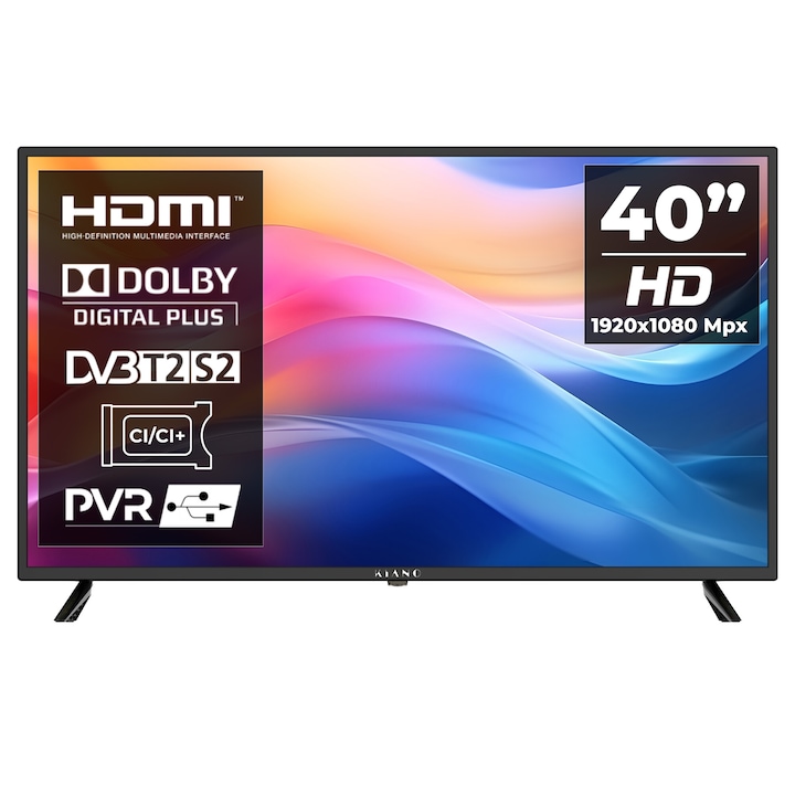 Kiano Slim televízió, 40" DLED FullHD, 100cm, PVR – USB, 3xHDMI, Dolby Audio, Dolby Digital Plus, EPG, F energiaosztály, fekete