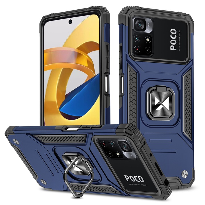 Калъф за телефон Ring Armor, Wozinsky, Поликарбонат/TPU, Съвместим с Xiaomi Poco M4 Pro 5G/Redmi Note 11T 5G, Син