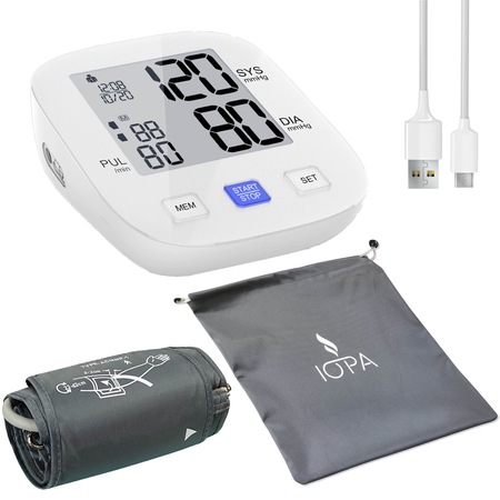 Tensiometru de Brat IOPA™ cu Presurizare Inteligenta, Ecran LCD, Validat Clinic, Auto-Masurare, Detectare Puls Neregulat, Oscilometric, Manseta 22x36cm, Cablu USB, Husa de protectie, Alb