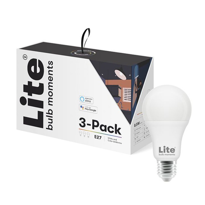 Lite bulb Moments okos izzó, E27, 8,5W, RGB 2700-6500K, 3 db