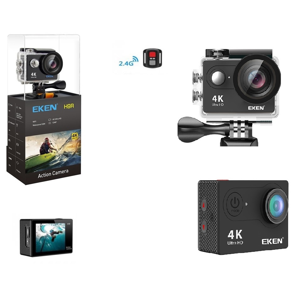 Camera video super sport EKEN Ultra HD 4K 170 grade, ,HDMI,Subacvatica 30 m, Wi-Fi Hotspot,Kit accesorii sporturi extreme, prinderi multiple HDMI, 2-inch, Black+ - eMAG.ro