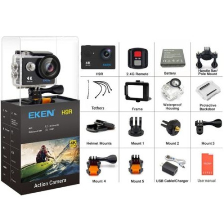 Camera video EKEN Ultra HD 4K super sport 170 grade,Subacvatica 30 m, Wi-Fi Hotspot,Kit accesorii sport, HDMI, 2-inch, NEGRU+ Telecomanda Cadou