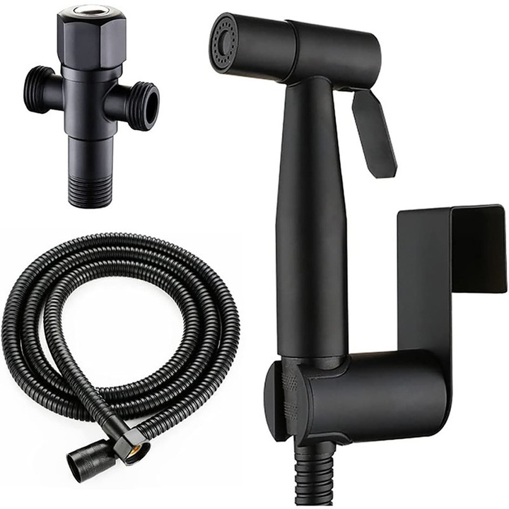 Set Dus Igienic pentru Igiena Intima, BOMSTOM, Baterie Bideu si WC din Otel Inoxidabil, Adaptor T + Furtun Flexibil + Para + Agatatoare, Presiune Reglabila, Filet 1/2, Negru