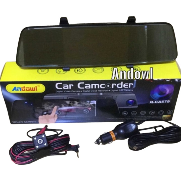 Camera auto dual Oglinda retrovizoare FullHD cu ecran tactil Andowl, camera fata/spate, camera auto cu inregistrare negru