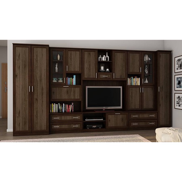 Set mobila biblioteca, Meblast, Cyclone, 400 cm x 210 cm x 53 cm, dublu laminat, 18 mm, MDF sau simplu, 13 usi, 5 sertare, Walnut Okapi