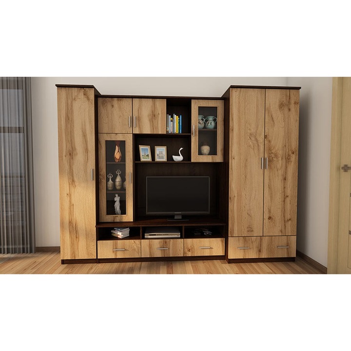 Set mobila biblioteca, Meblast, Bosman, 270 cm x 200 cm x 53 cm, dublu laminat, 18 mm, banda decorativa MDF sau Smooth, 7 usi, Stejar Wotan