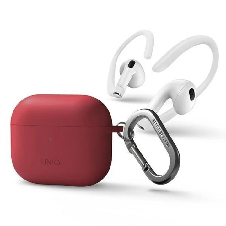 Set husa + 2 suporturi casti pentru Nexo AirPods 3, Uniq, Silicon/aluminiu, Coral/alb