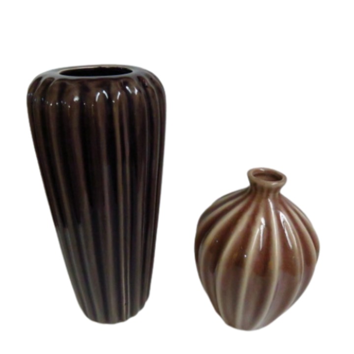 Set 2 vaze, De masa, Ceramica ondulata, 12 x24 si 12x15 cm, Maroniu roscat/ Crem degrade