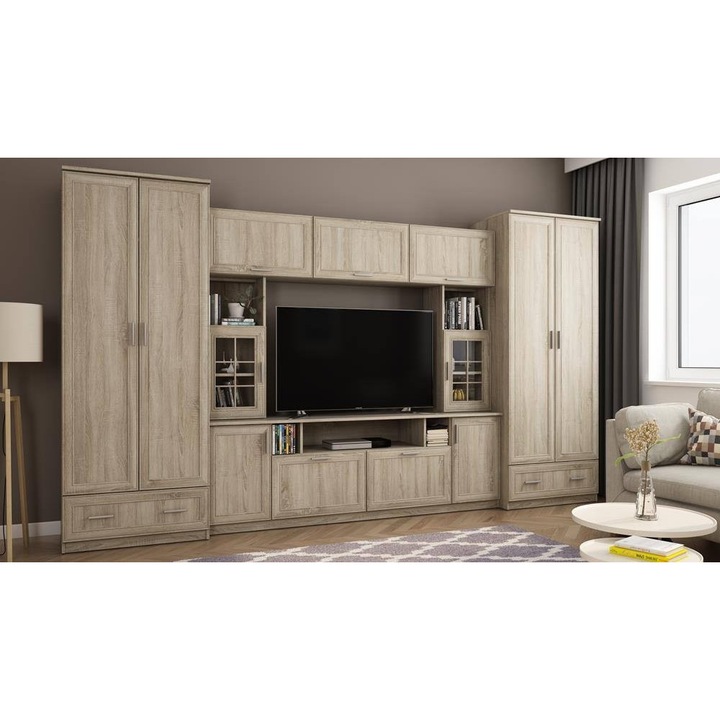 Set mobila biblioteca, Meblast, Tajga, 370 cm x 210 cm x 53 cm, dublu laminat, 18 mm, banda decorativa MDF sau Smooth, 13 usi, 2 sertare, Light Sonoma