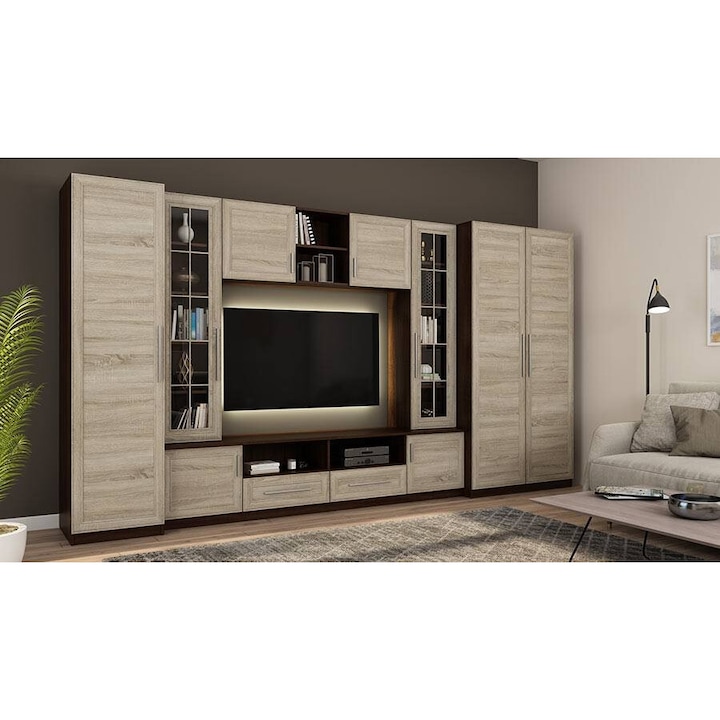 Set mobila biblioteca, Meblast, Neptun, 370 cm x 200 cm x 52 cm, dublu laminat, 18 mm, banda decorativa MDF sau Smooth, 9 usi, 2 sertare, Light Sonoma