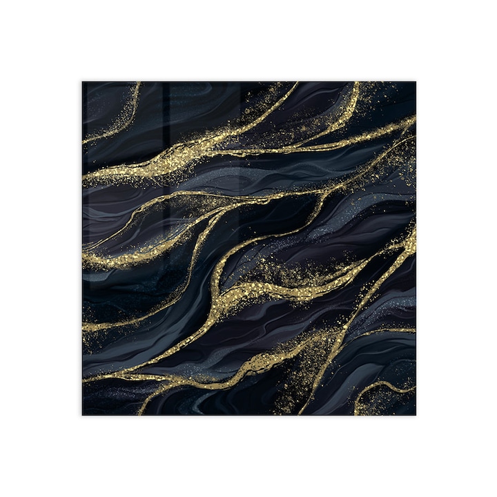 Panou Sticla Bucatarie, Black Gloden Waves, 100x100cm