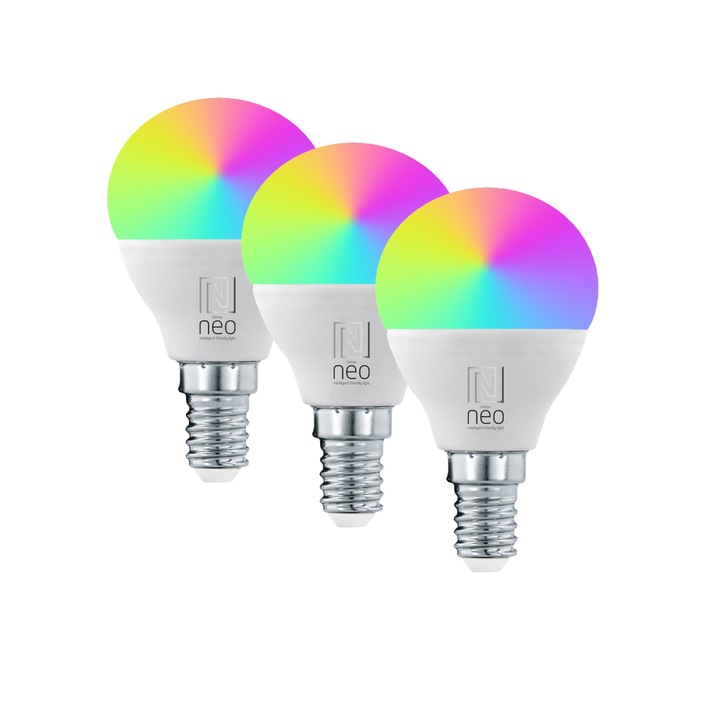 Комплект 3 смарт крушки Neo Lite, Immax, LED, E14, 6 W, Wi-Fi, Бяла/RGB