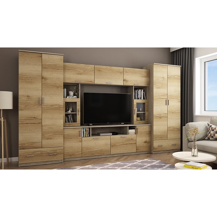 Set mobila biblioteca, Meblast, Tajga, 370 cm x 210 cm x 53 cm, dublu laminat, 18 mm, banda decorativa MDF sau Smooth, 13 usi, 2 sertare, Stejar natural Grand