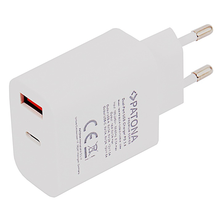 Hálózati töltő, Patona, USB/USB-C, 18 W, Fehér