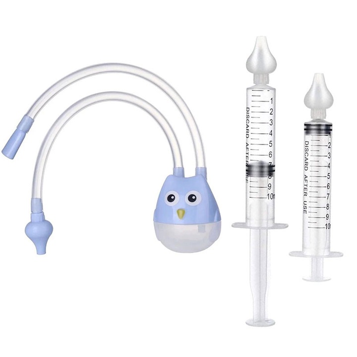 Set 2 x seringi lavaj / dispozitiv pentru curatare sinusuri si decongestie nazala 10 ml, 1 x aspirator nazal bebelusi si copii, bufnita albastra, silicon, anti reflux invers, MEDILOGIC™