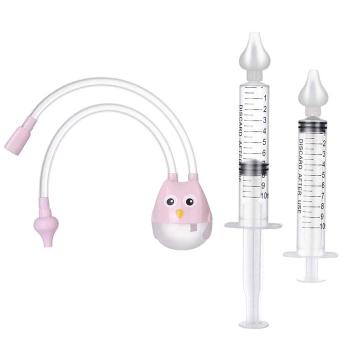 Set 2 x seringi lavaj / dispozitiv pentru curatare sinusuri si decongestie nazala 10 ml, 1 x aspirator nazal bebelusi si copii, bufnita roz, silicon, anti reflux invers, MEDILOGIC™