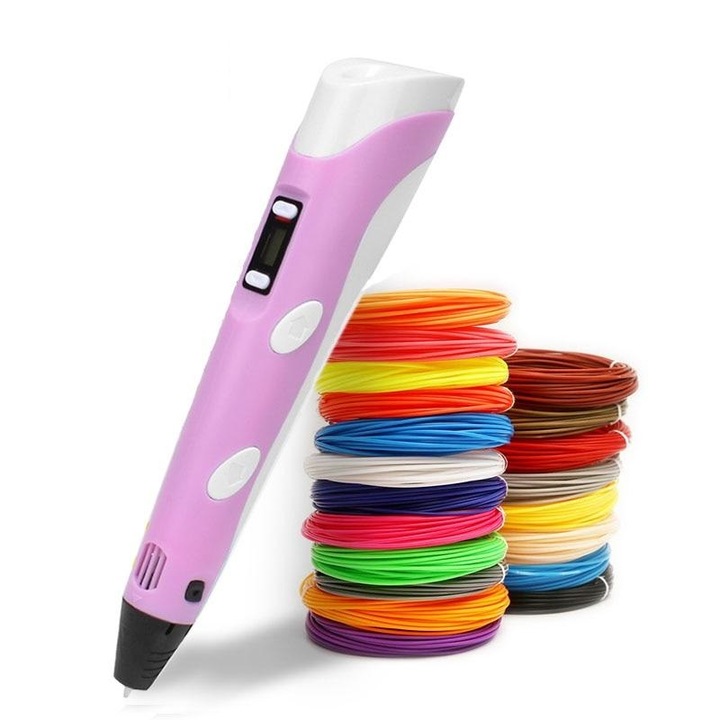 Комплект 3D моливи с цифров дисплей, 12 5m PLA нишки, Зарядно устройство, Държач за молив, Розов