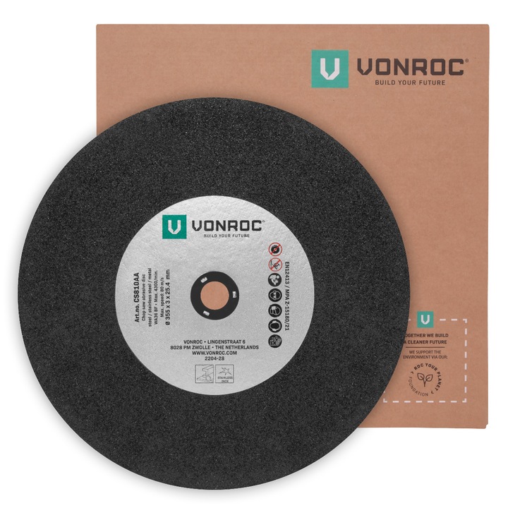 Fémvágó tárcsa, VONROC, CS810AA, Ø355mm, univerzális használatra es a VONROC CS505AC-hoz, megfelel az EN12413/MPA Z-15180/21 EU biztonsági szabványoknak