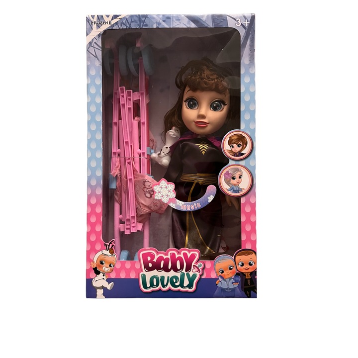 Szett Baba, figura és lila babakocsi, 40 cm