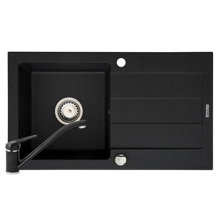 Pachet Pyramis chiuveta SPARTA si baterie MINUET, 1 cuva 1 picurator, 760x440mm, adancime 170mm, reversibila, montare pe blat, finisaj granit negru