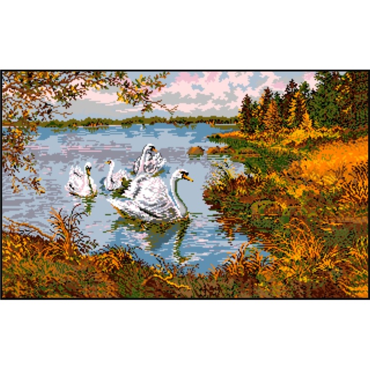 Peisaj cu lebede - kit goblen cu diagrama alb-negru
