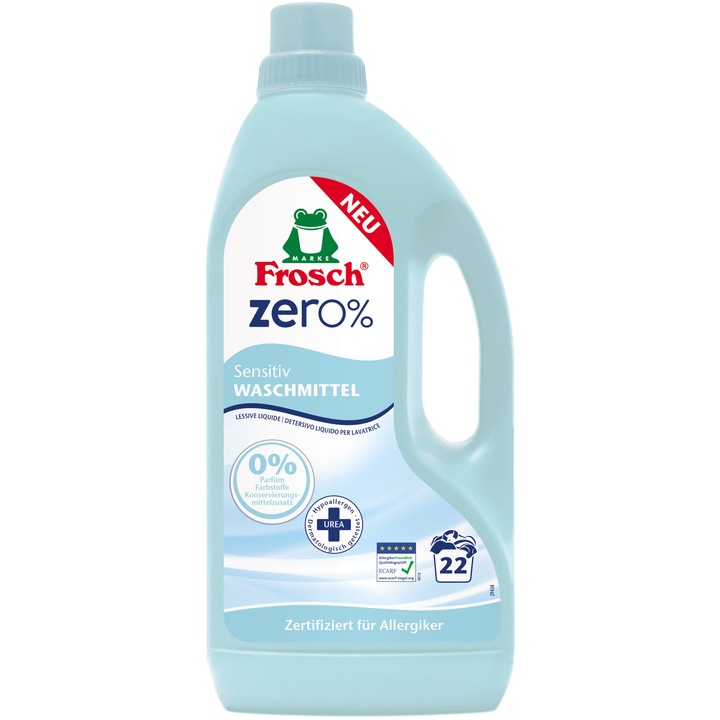 Detergent lichid Frosch Zero% Sensitive, 1.5 l, 22 spalari