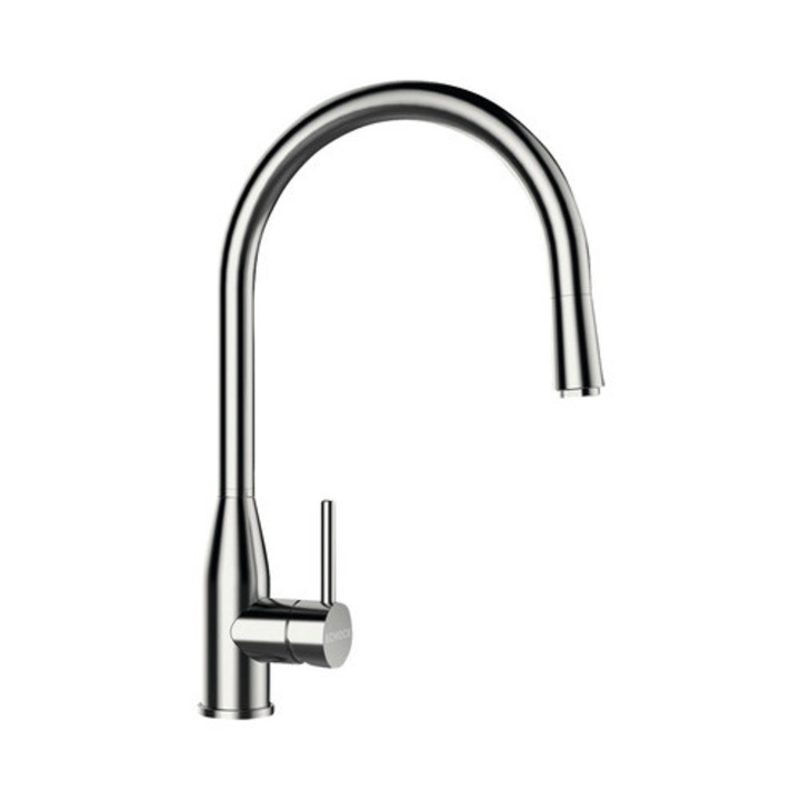 Magas konyhai csaptelep Kavus kihúzható zuhanyzóval, kerámiapatronnal, szálcsiszolt rozsdamentes acél