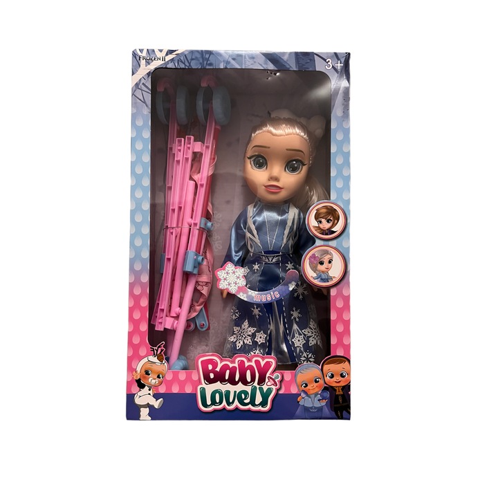 Baba és kék babakocsi szett, 40 cm, Lovely Baby