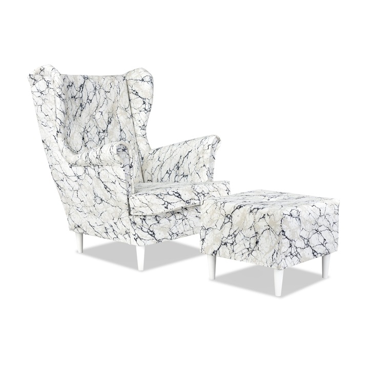 Fotel lábtartóval Ari Wood skandináv nyomattal kárpitozott nappali, fehér füst 104x84x92