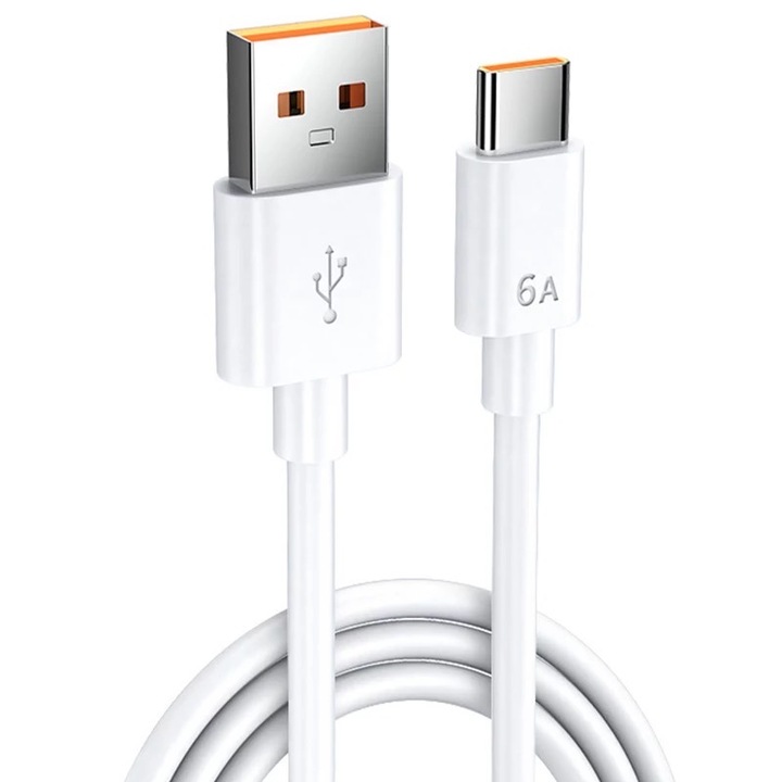 Cablu de Incarcare OZ cu capete mufelor portocalii, cauciucat, USB la USB-C max 3A, 2M, USB la PD, Alb