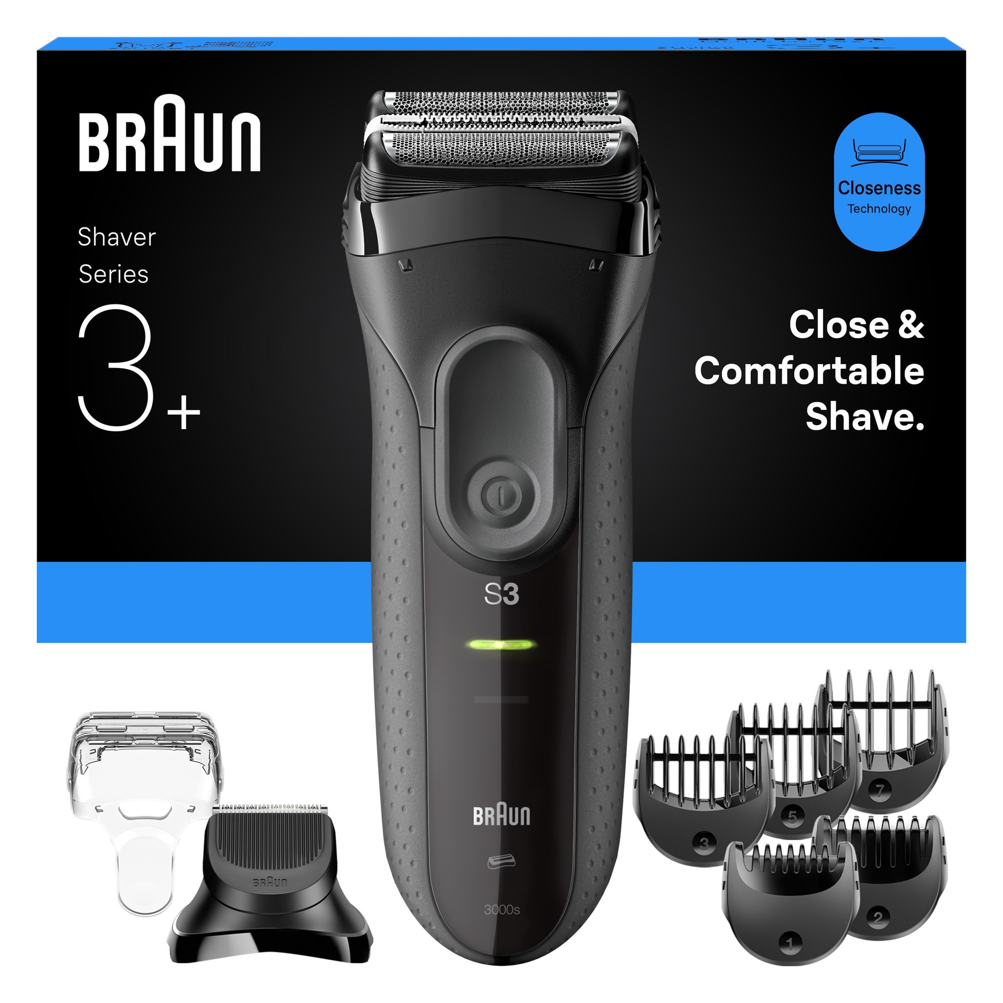 Aparat electric de ras Braun Series 3+ 3000BT, 3 Lame Flexibile, Microcomb pentru eficienta, Accesoriu de tuns barba, +5 piepteni, Utilizare umeda/uscata, Fabricat In Germania, Gri